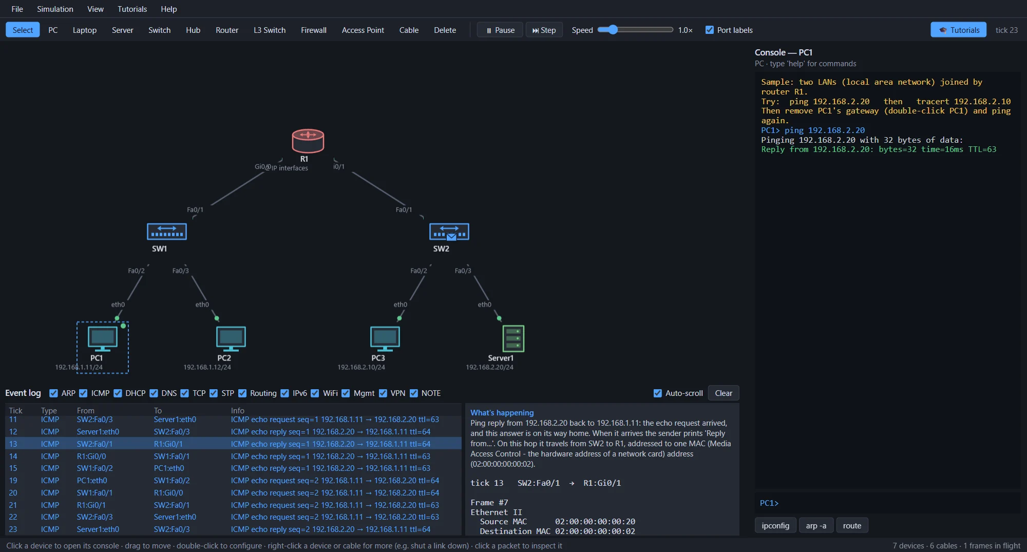 Net38 running in a browser: two LANs joined by a router, a ping from PC1 to the server answered, and the packet inspector explaining an ICMP echo reply in plain English.